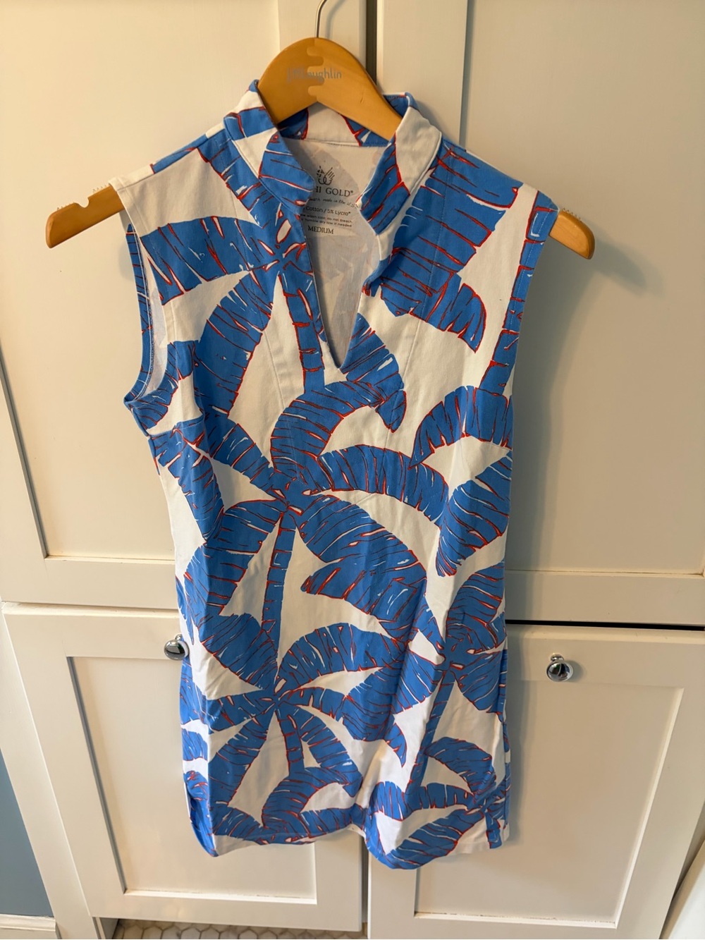 MAHI GOLD Blue and White Palm-Print Sleeveless Mini Dress
